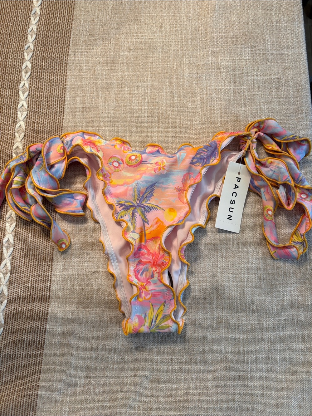PacSun Sunset Floral Ruffle Tie-Side Bikini Bottom - Pink, Orange, Blue